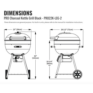 Kanadský gril na dřevěné uhlí Napoleon PRO CHARCOAL PRO22K-LEG-2 nákres s rozměry